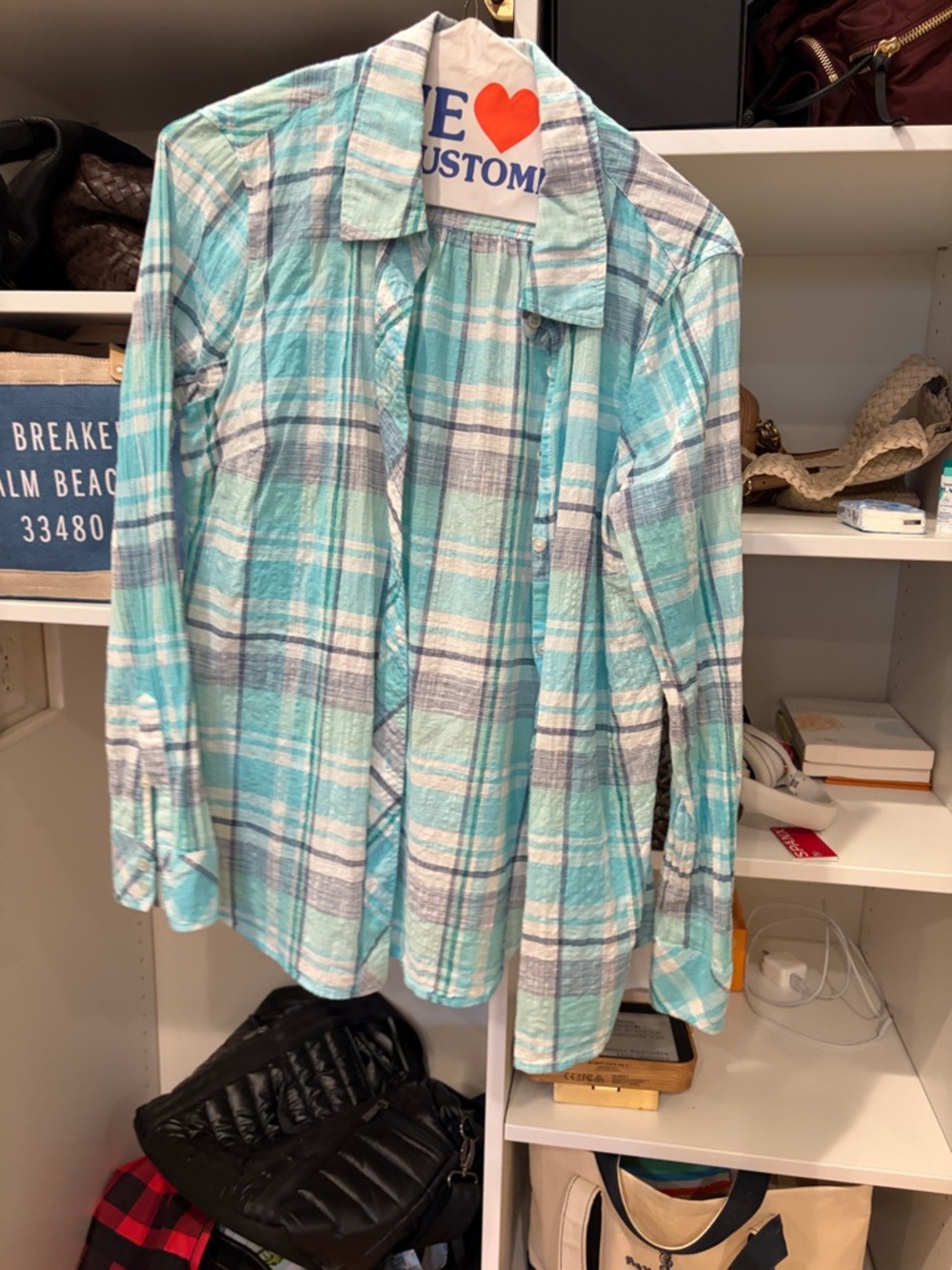 Talbots Aqua and White Plaid Button-Down Shirt